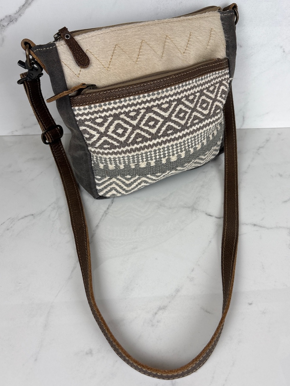 Myra Bag Contentment Small Crossbody Bag S-2131 Boho Upcycled Canvas Leather